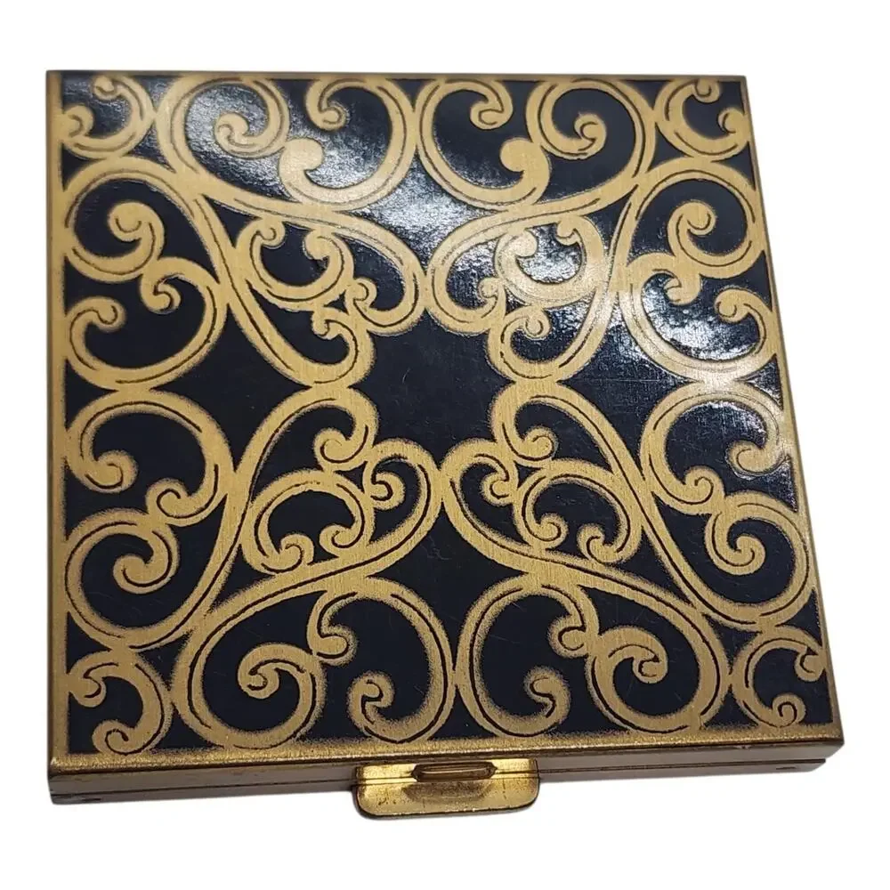Vintage Volupte Black Gold Scroll Powder Compact Mirror Puff Unused Orig Card
